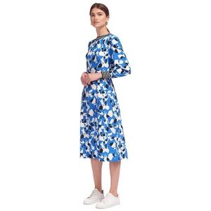 Whistles Carla Silk Sport Trim Crewneck Silk Long Sleeve Midi Dress Blue White 8